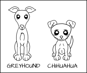 Cartoon of a Greyhound and a Chihuahua