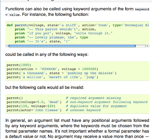 Screenshot of Python documentation with Monty Python skit references