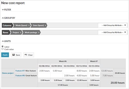 OpenProject time and cost reporting view screenshot