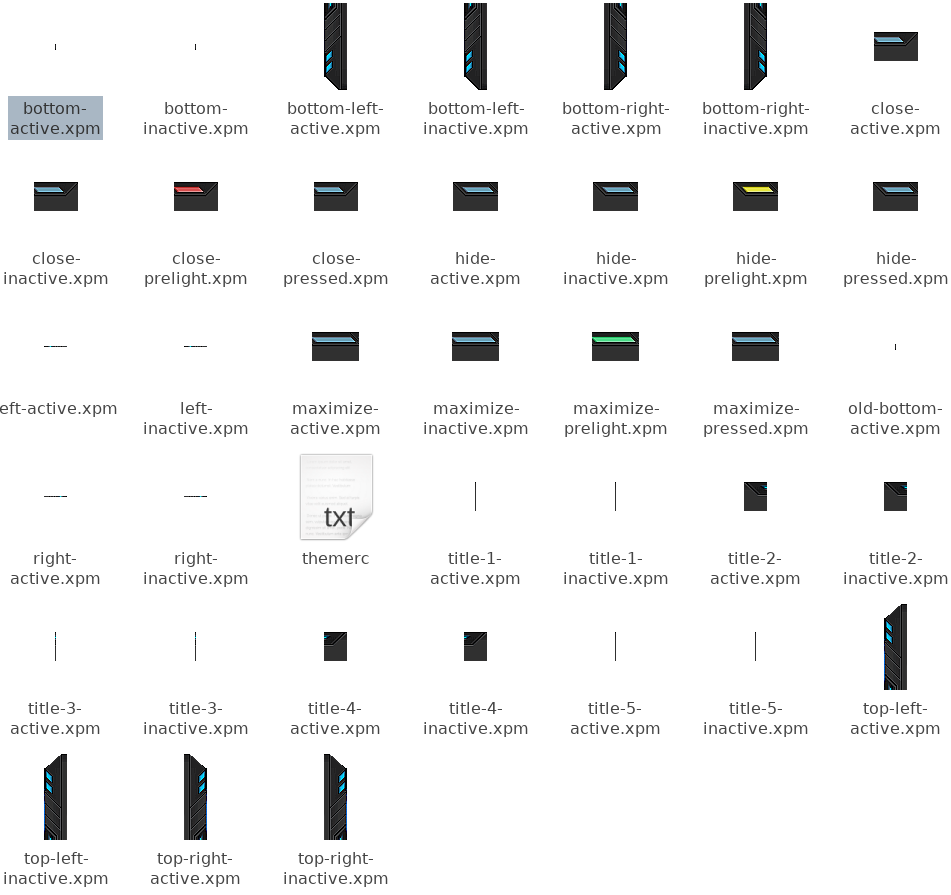 A screenshot of 38 .xpm files depicting each of the elements that make up the window appearance