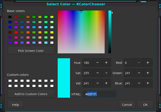 Screenshot of KColorChooser showing the numeric color values of a cyan blue tone