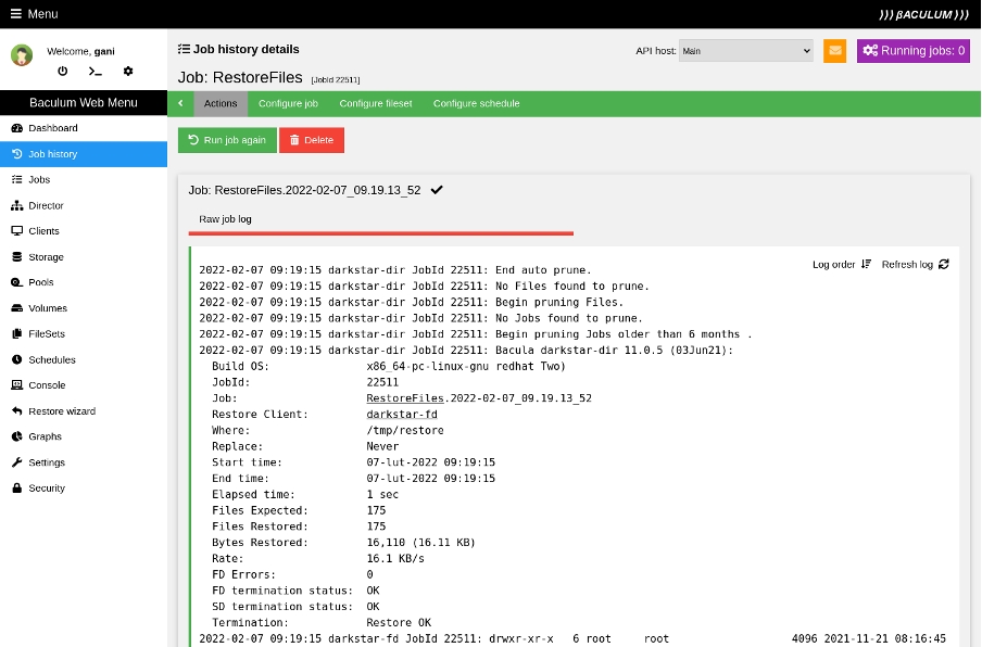 Restore job summary details