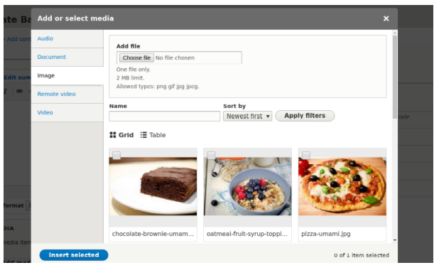 Screen shot of the Add or select media field on Drupal