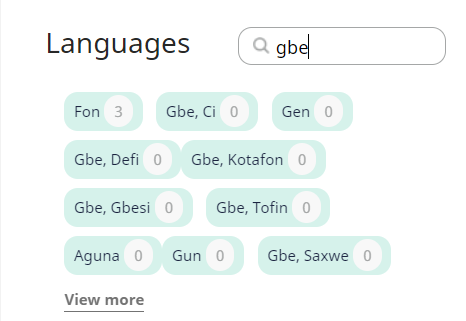 Screenshot of a list of 10 Gbe languages. Only one, Fon, has any resources available; the others all have zero.
