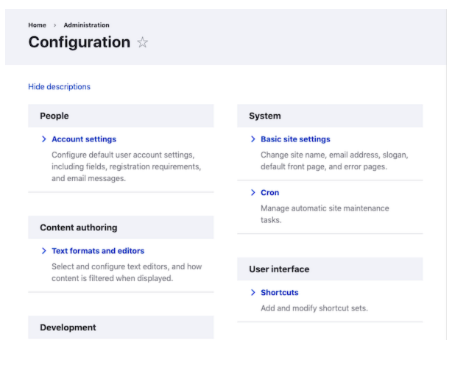 Screenshot of Drupal's configuration page in the Claro theme