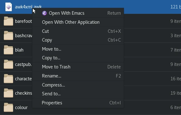 This screenshot of the menu that appears when right-clicking on a file on GNOME shows a list of 11 action options. 