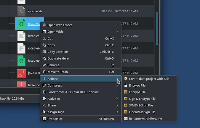 This screenshot shows a menu that opens when right-clicking on a file in KDE. There is a list of 15 options of things to do with the file, such as copy, rename, compress, share, and so forth, many of which have submenus for additional options. Actions is selected on the menu, showing an additional 7 options.