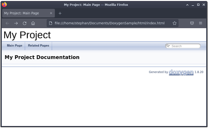 A screenshot of a doxygen generated main page on Firefox. The content field under My Project Documentation is blank.