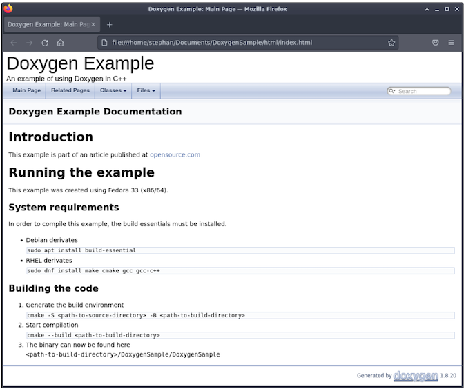 The Doxygen Example Documentation field now contains headings and documentation: Introduction, Running the example, System requirements, and Building the code, with step by step examples and code snippets (all can be found in the example on GitHub)