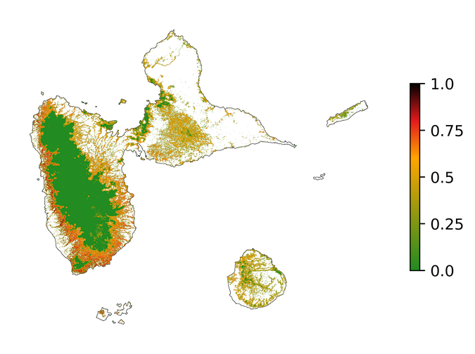 A map of the Caribbean island of Guadeloupe colored to visualize the likelihood of deforestation, from green (least likely) in the middle of the island to dark red (most likely) toward the coastline