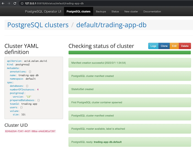 Screenshot of the UI showing the Cluster YAML definition on the left with the Cluster UID underneath it. On the right of the screen a header reads "Checking status of cluster," and items in green under that heading show successful creation of manifests and other elements