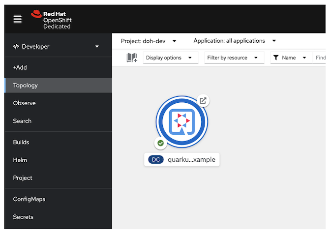 A screenshot of Red Hat OpenShift Dedicated. In the left sidebar menu Topology is highlighted, and in the main screen there is a Quarkus icon