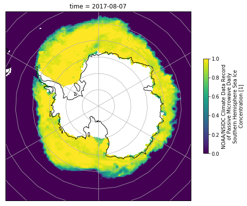 A color-coded map showing the concentration of sea ice around Antarctica, with yellow representing 100% and darker colors from green to indigo to violet representing smaller concentrations down to 0%