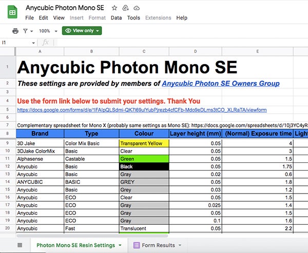 Anycubic Photon Mono X 6K resin settings spreadsheet - Updated 2022