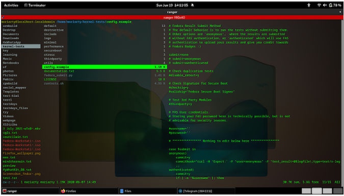 Screenshot of terminal showing config.example highlighted and a preview of the file in the terminal to the right