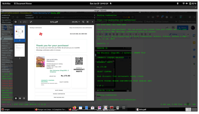 A screenshot showing a preview of a PDF file (tickets to a museum) floating over the terminal window