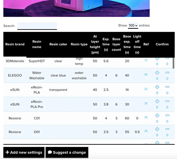 Image of resin settings