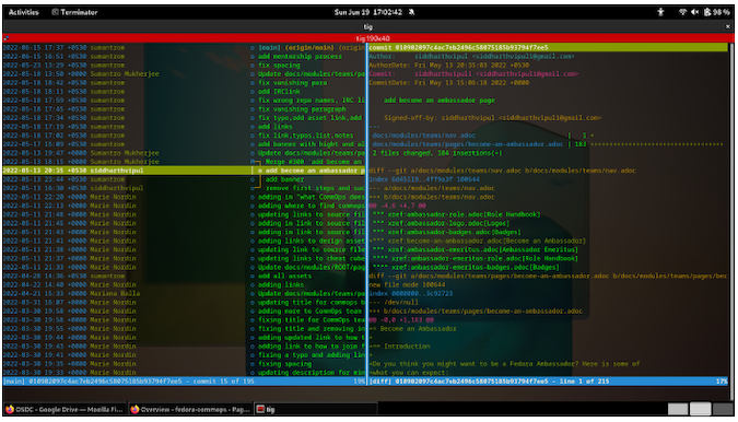 Screenshot of a terminal using Tig. On the left there is a scrollable list of outputs, on the right the details of the selected output (add become an ambassador page) is shown, such as author, date, commit date, sign off, etc.