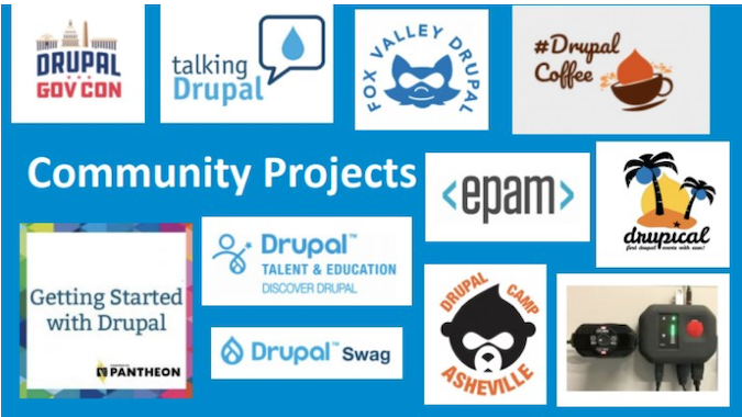 A slide depicting many Drupal community project logos, including regional Drupal meetups, Drupal coffee, Drupal talent and education. The slide is filled with a variety to indicate the large number and wide range of opportunities to participate in community projects.