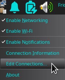 A dropdown menu shows options for enabling networking, WiFi, and notifications, and others. A pointer arrow indicates the choice Edit Connections