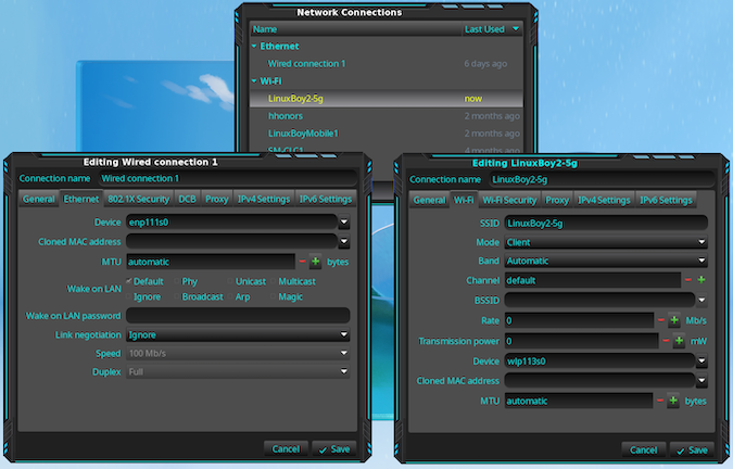 Two windows showing options for editing wired and wireless connections are side by side. The wired ethernet connection has fields for device, MTU, LAN info, and link negotiation. The WiFi version has fields for SSID, Mode, Band, Channel, Rate, Transmission Power, Device, and MTU,