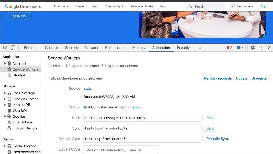 Google Developer's interface displaying Service Workers