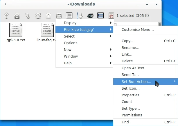 ​Setting a run action in the Rox file manager. 
