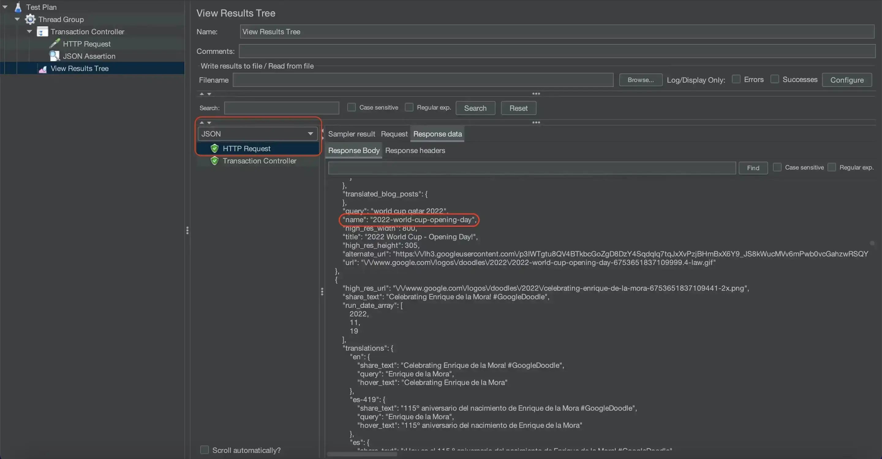 The results tree view shows that the assertion has passed.