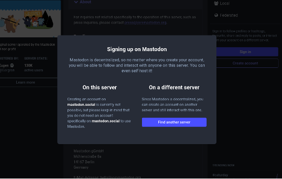 Signing up interface