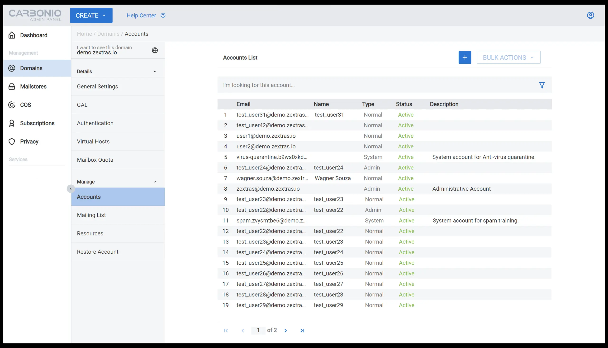 Image of the accounts Carbonio adminpanel.