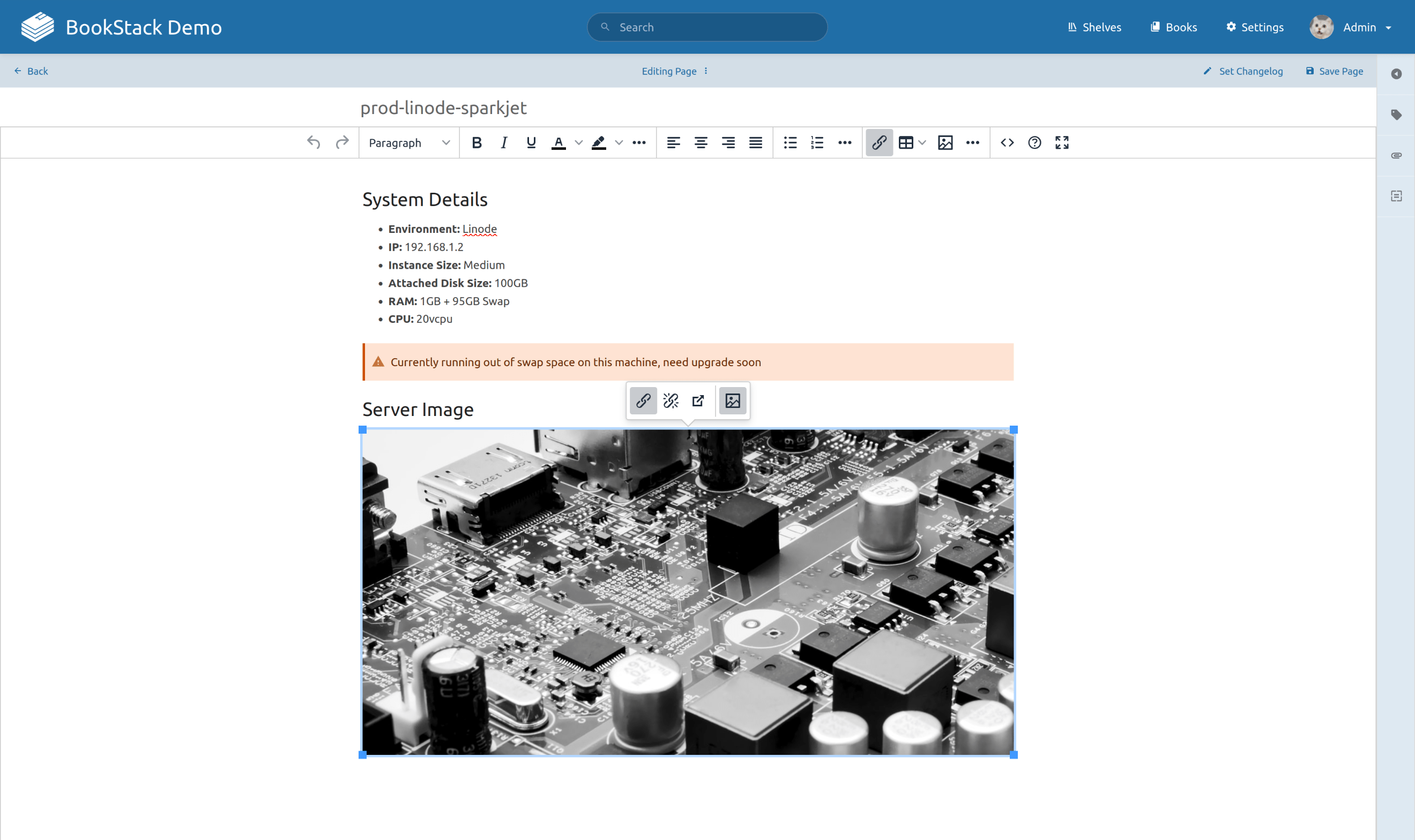 An image of editing a "Page" using the WYSIWYG editor.