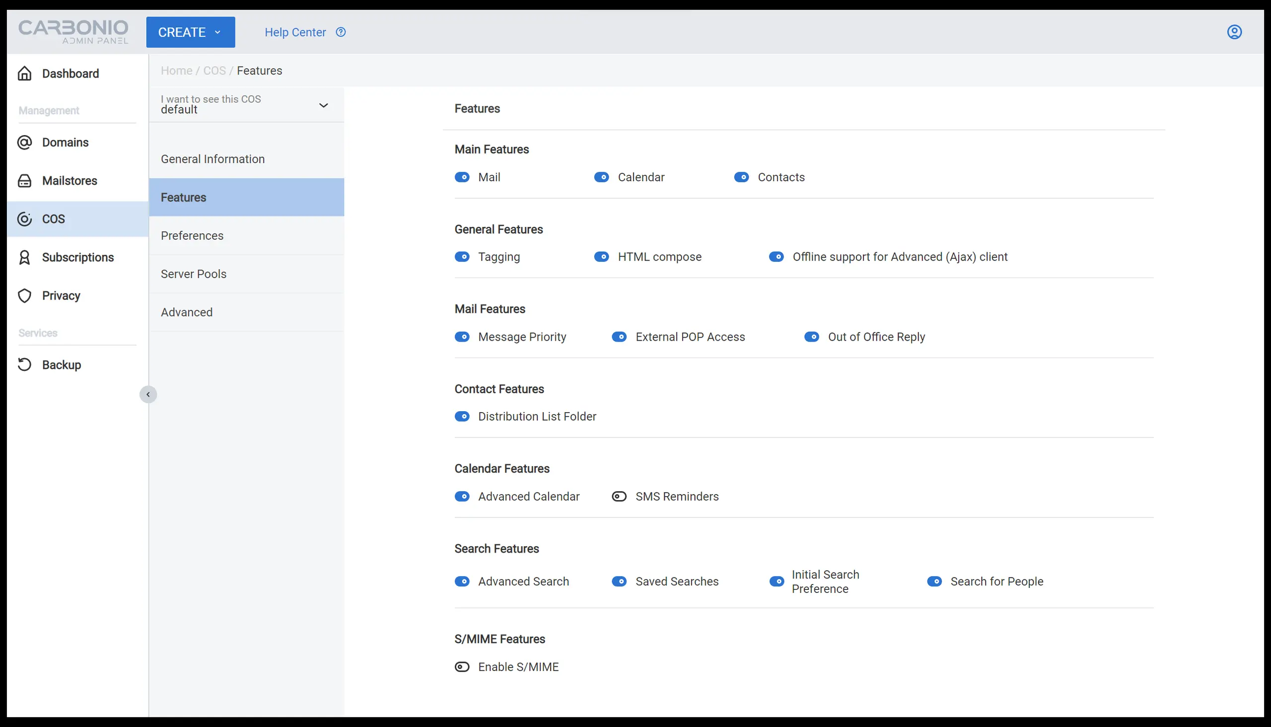 Image of the Carbonio admin panel COS features.