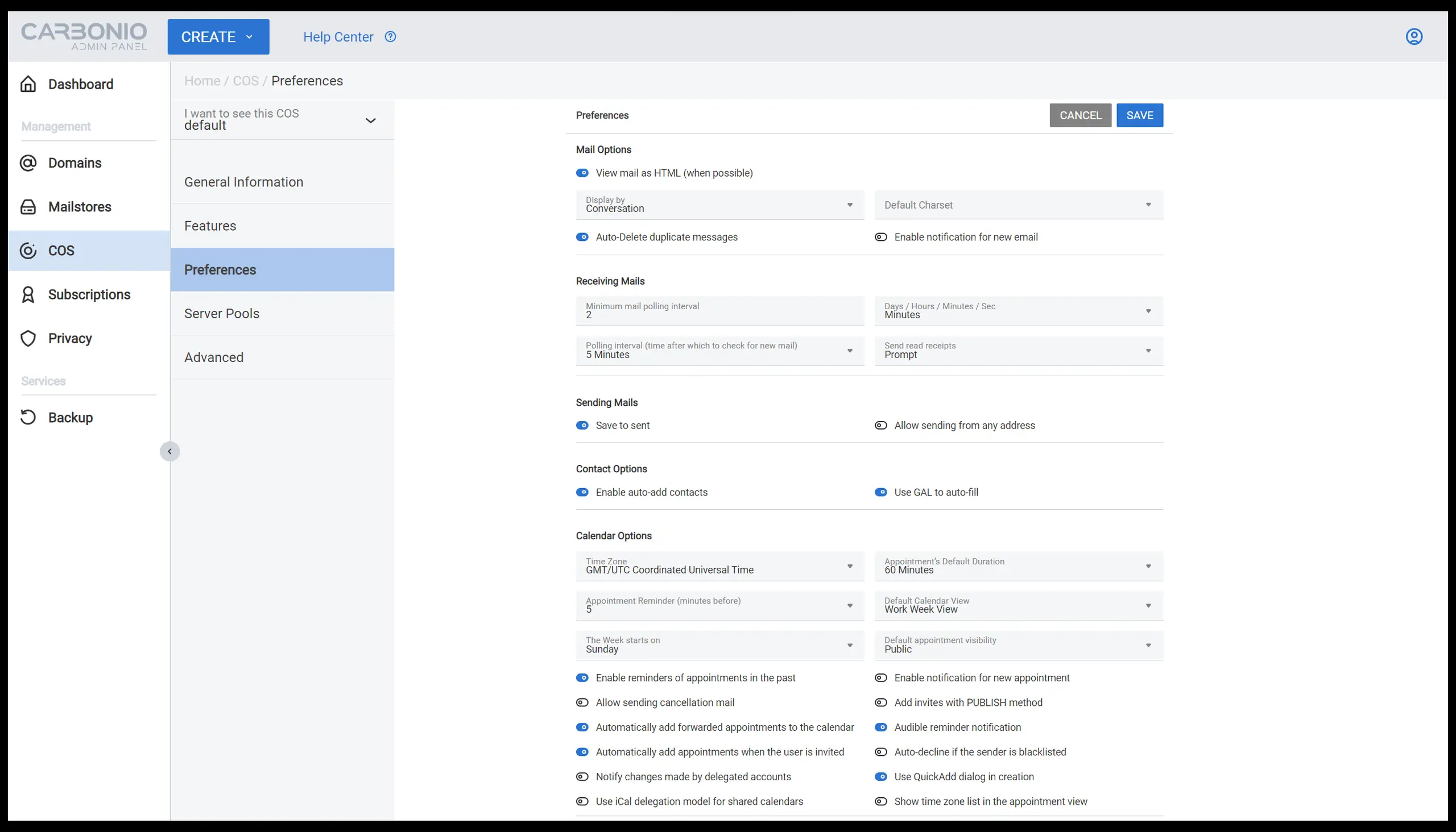 Image of the Carbonio admin panel classes of service preferences.