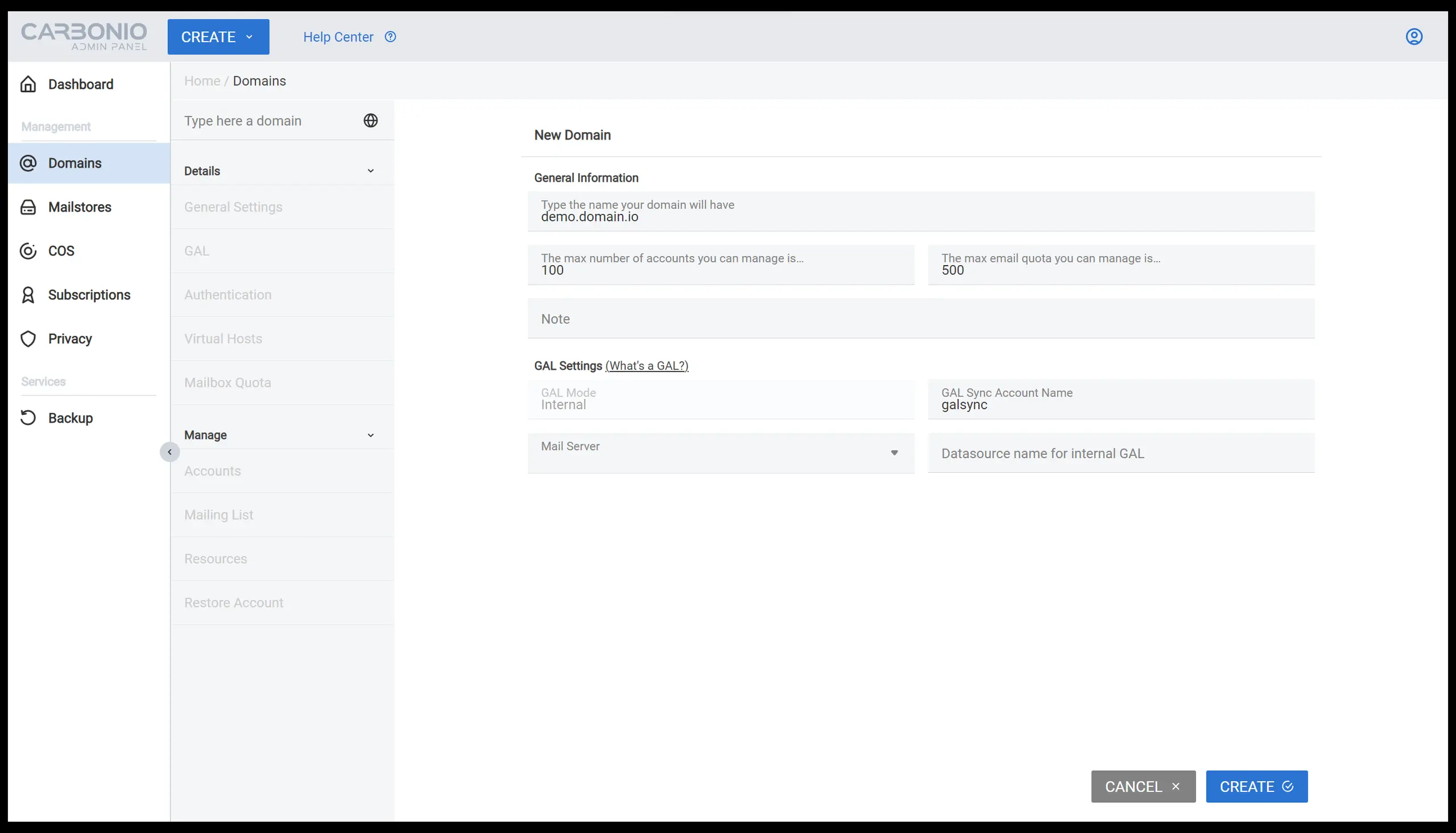 Image of the Carbonio admin domains panel.