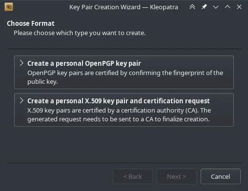 Image of how to use ​ Kleopatra to generate a new GnuPG key pair. 
