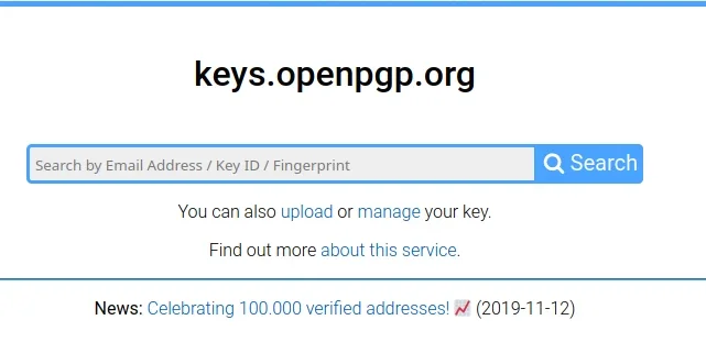 Image of the ​The Openpgp.org site that manages public keys and verifies email addresses. 