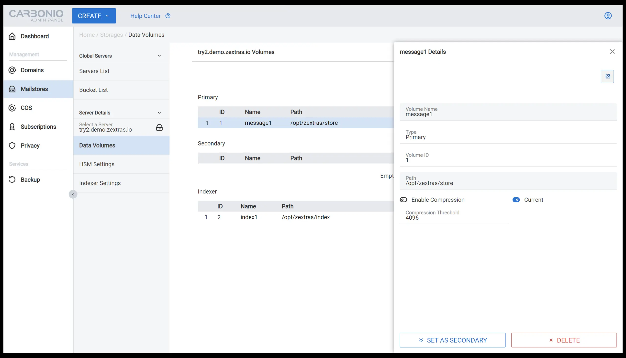 Image of the Carbonio admin panel volumes.