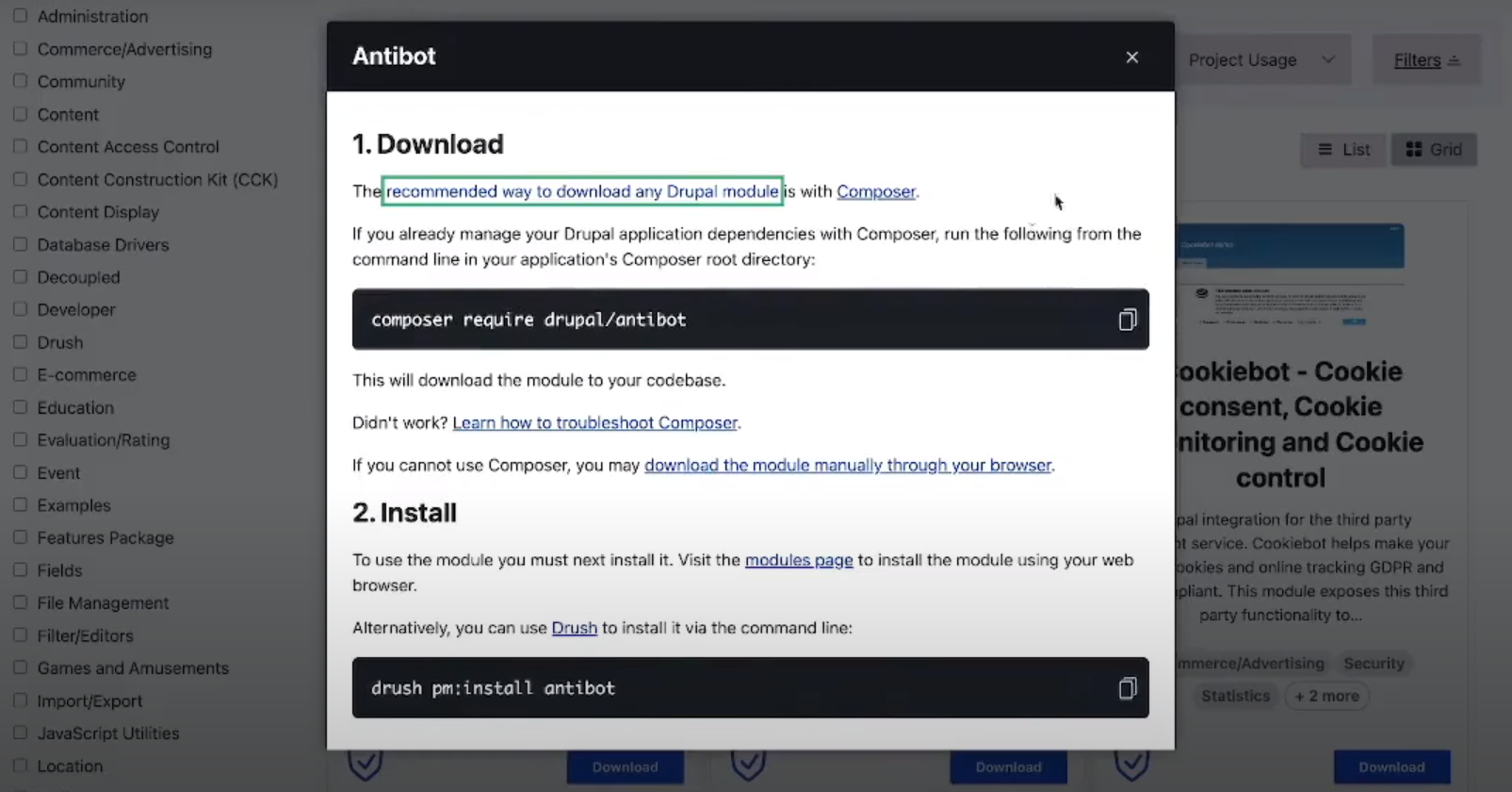 Image of Project Browser's download and install menu.