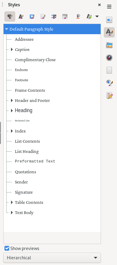 Image of the styles tab in LibreOffice.