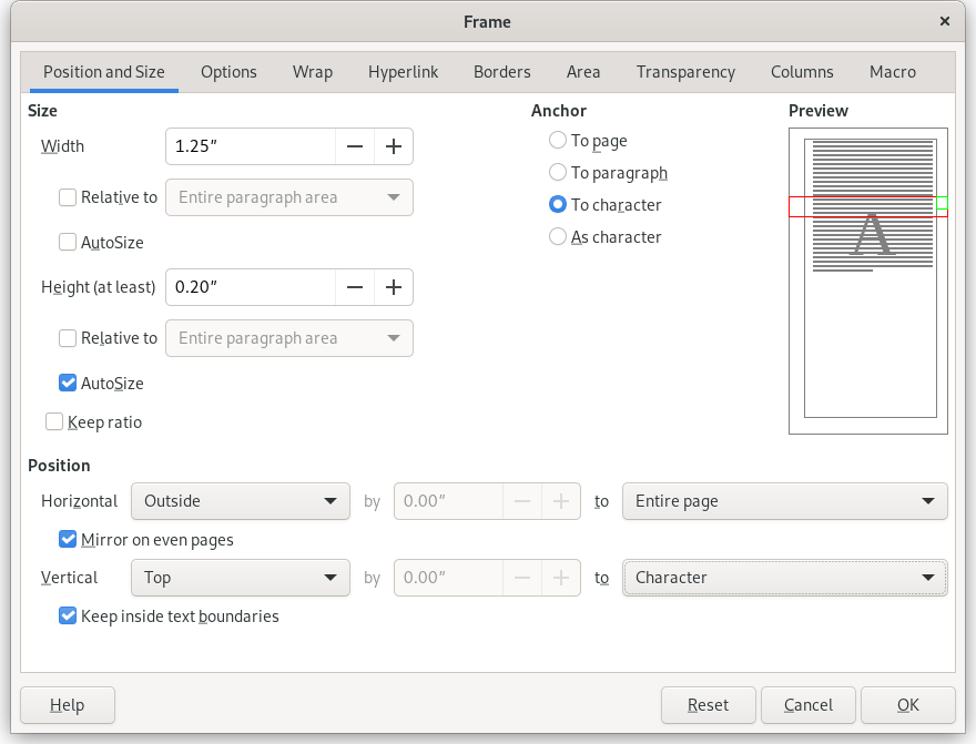 Image showing where you edit a frame in LibreOffice.