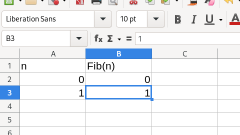 Image showing how to write an write Fib(0) = 0 and Fib(1) = 1 mathematically into LibreOffice calc. 