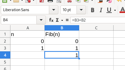 Image showing how to use a spreadsheet formula to calculate Fib(n) for year two.