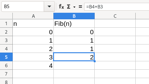 Image showing how AutoFill translates a calculation: each successive Fib(n) calculation will be the sum of the two cells above it.