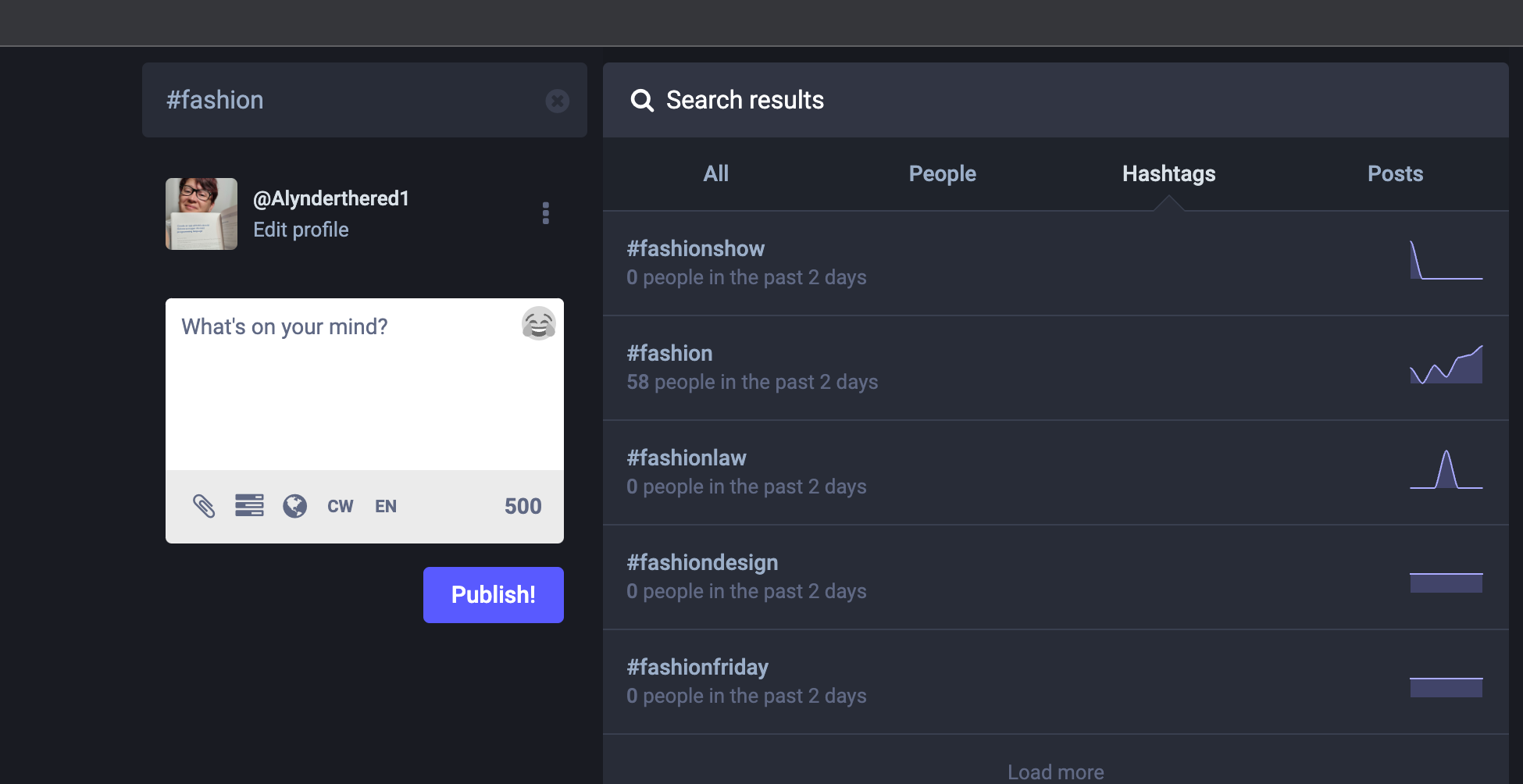 Image depictig search result for fashion in Mastodon.