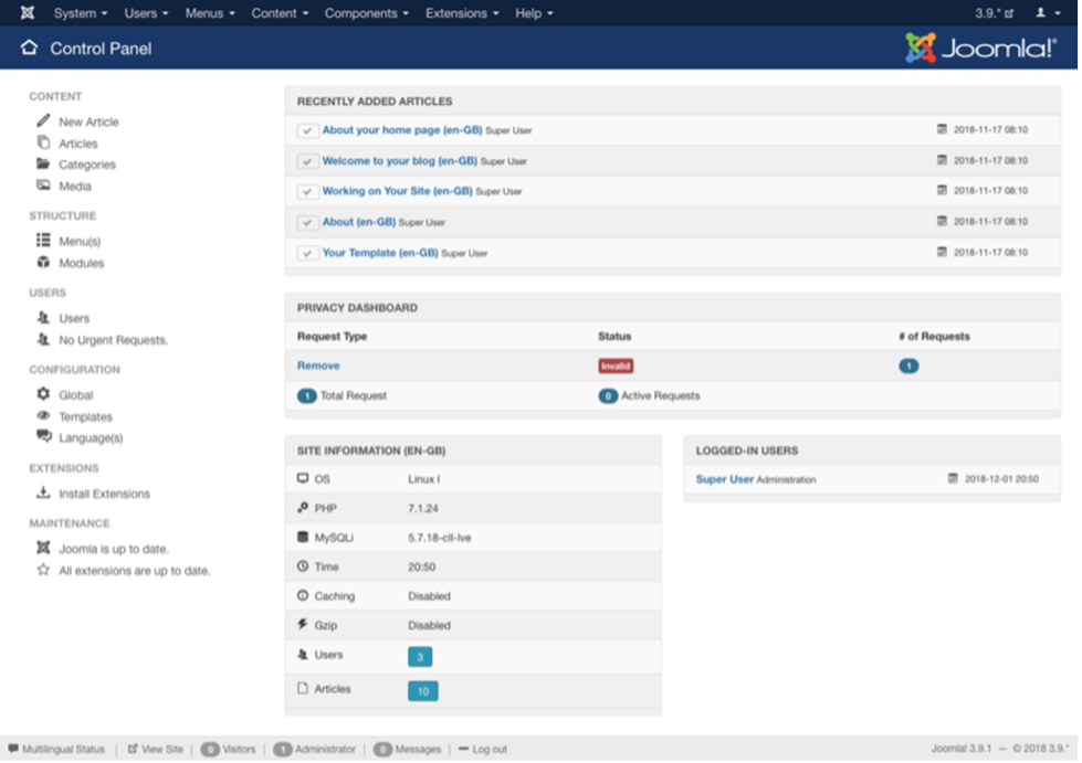 Joomla! control panel