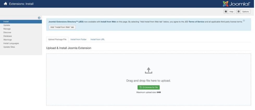 Drag extensions into the Joomla! interface