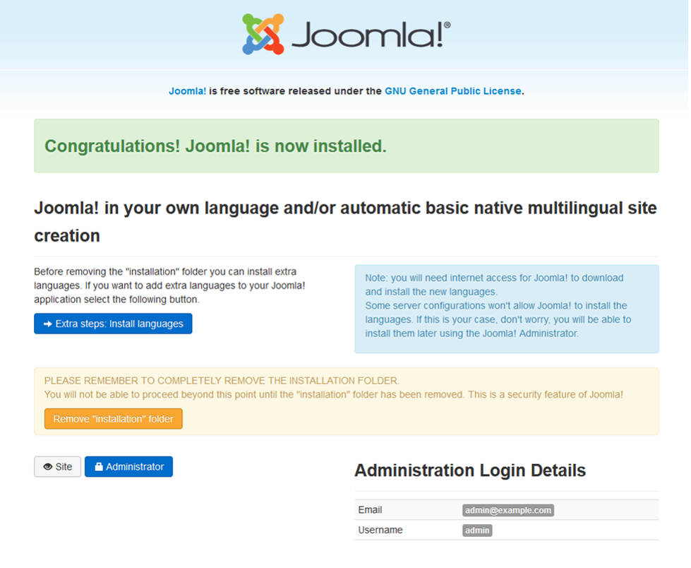 Web page confirms Joomla! is installed