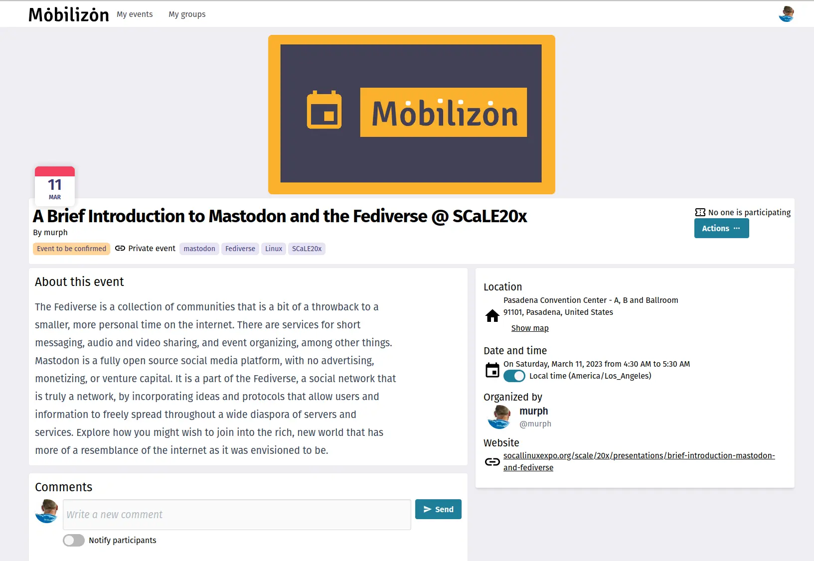The Mobilizon interface helps you plan events.