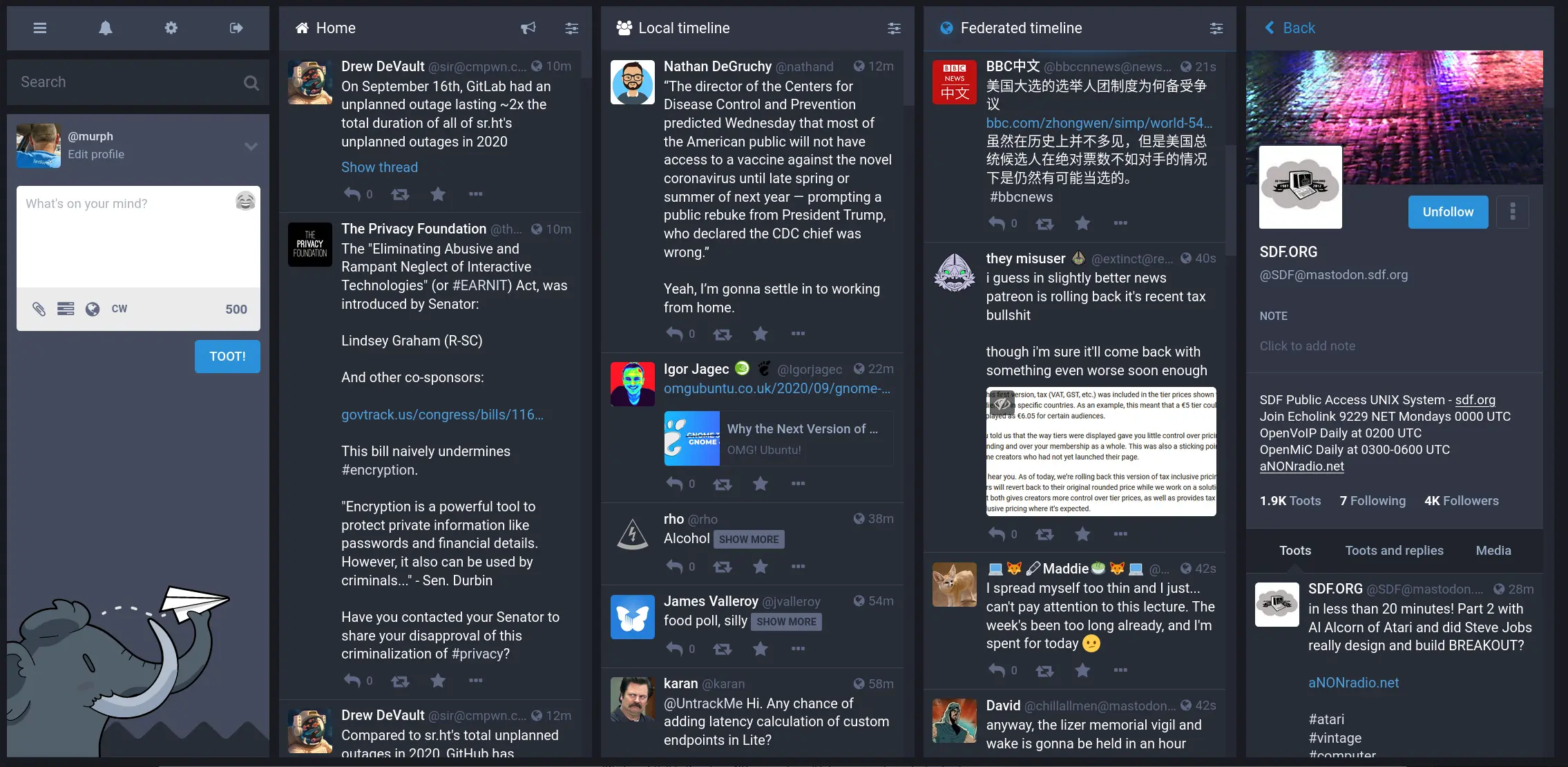 The advanced Mastodon interface has several columns.