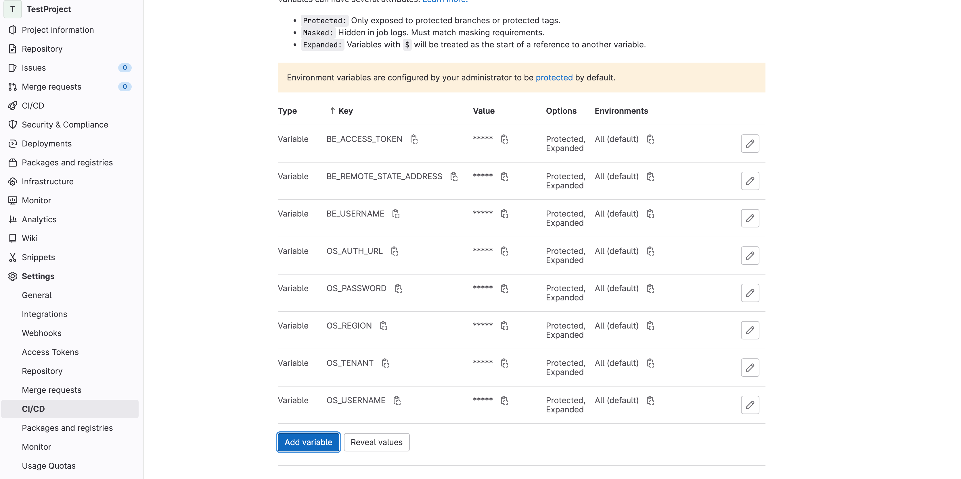 Gitlab variable view